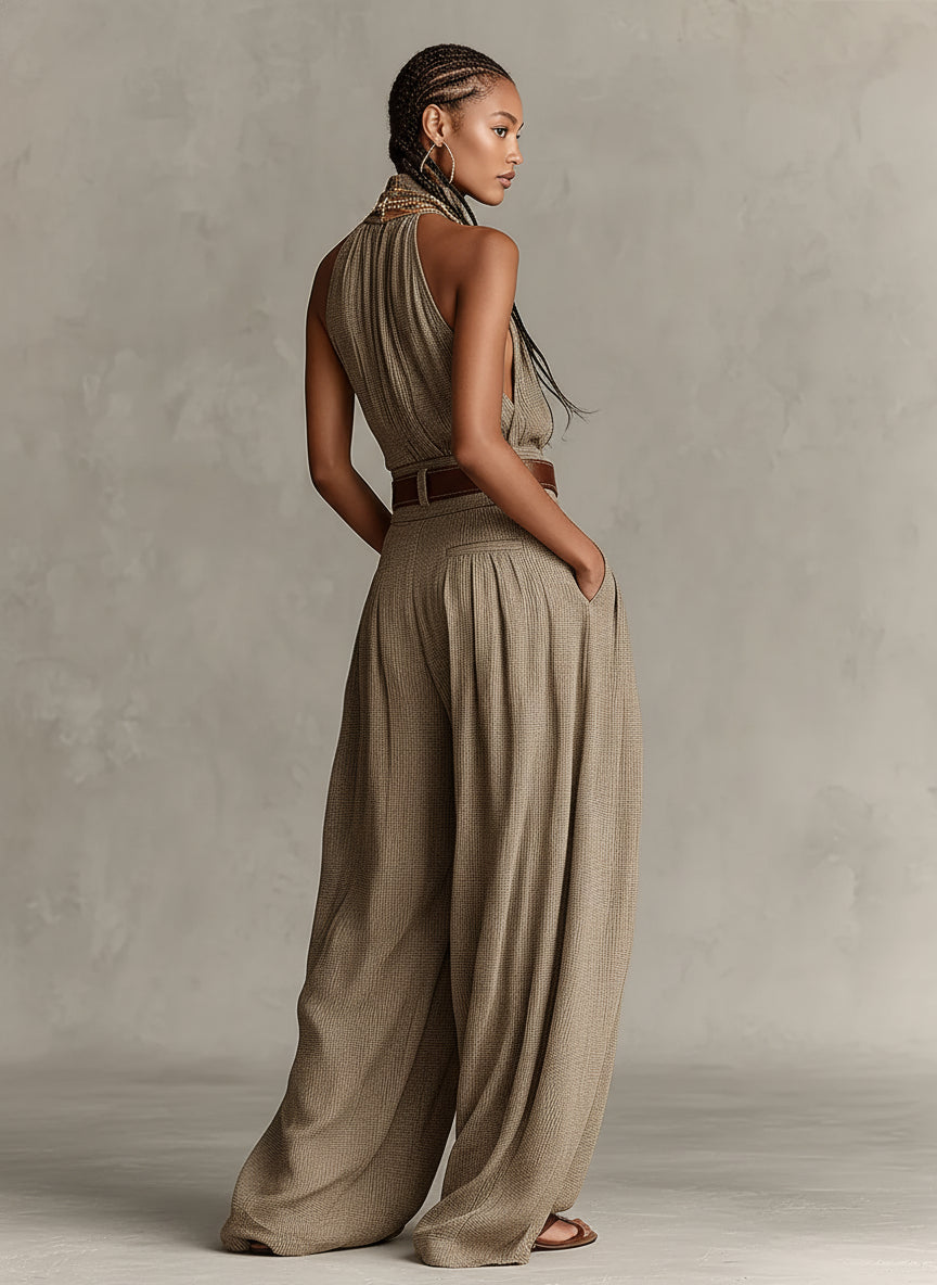 Catalina | Tuta wide leg taupe con scollo halter in stile boho