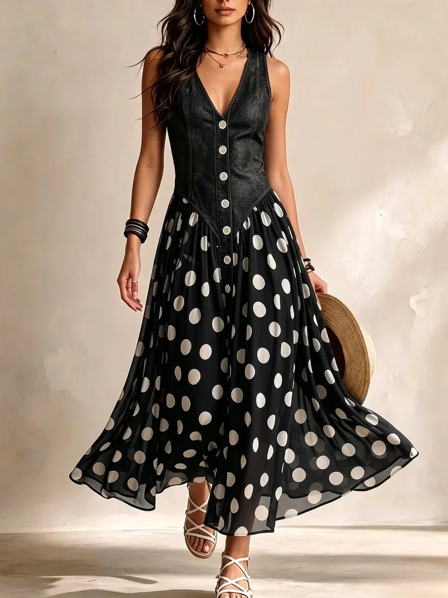 Adelina | Abito lungo denim a pois
