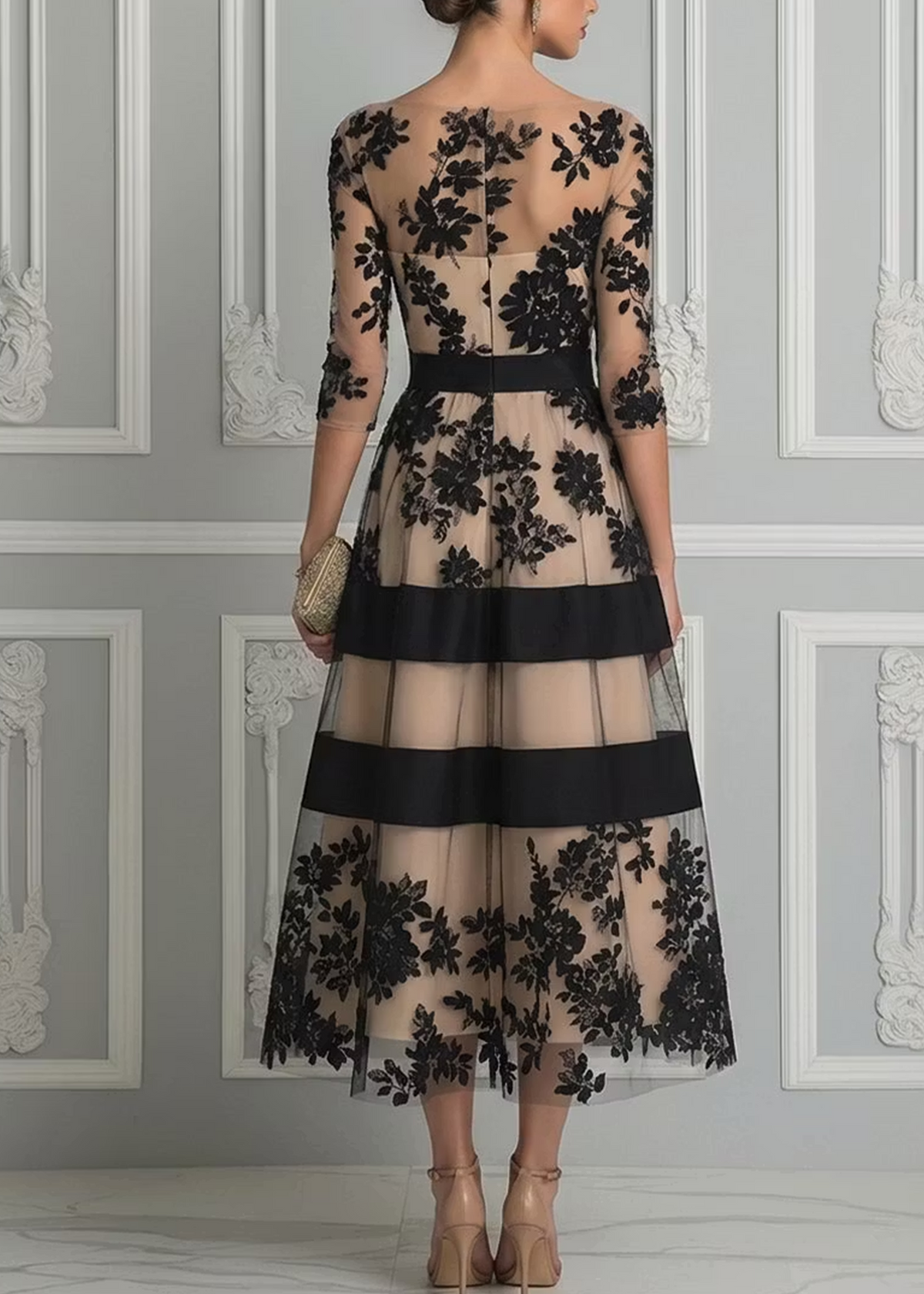 Abito midi elegante a corte ad A, in pizzo nero