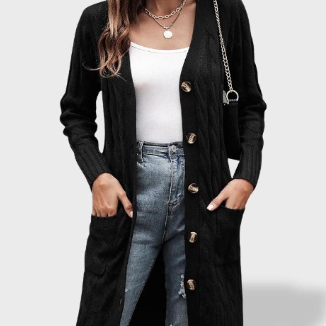 Clara Cardigan Lungo in Maglia Donna con Bottoni e Tasche