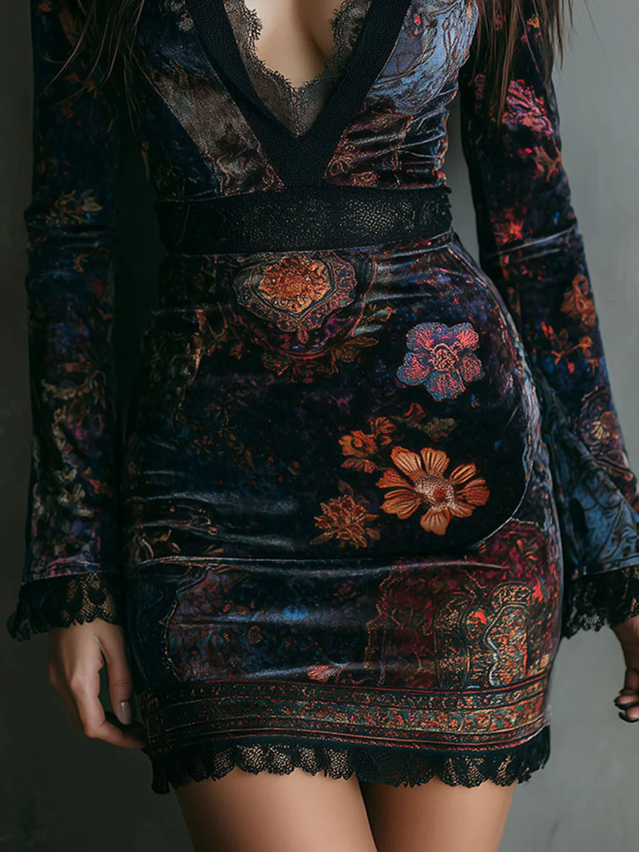 GRAZIA™║Mini Abito Aderente in Velluto con Stampa Floreale e Pizzo