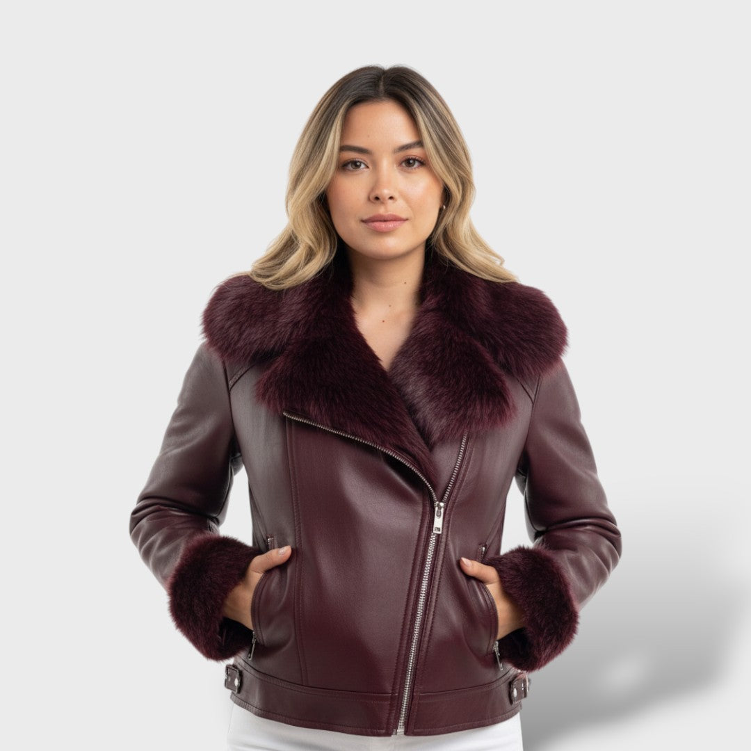 Giacca in Pelle Vintage con Collo in Pelliccia Sintetica