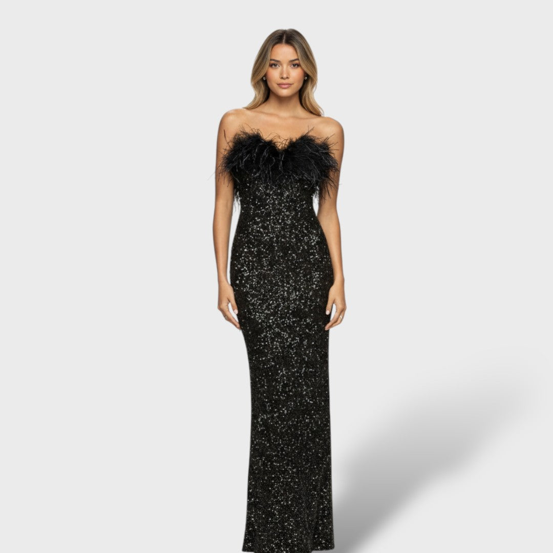 Vestito maxi paillettes e piume donna