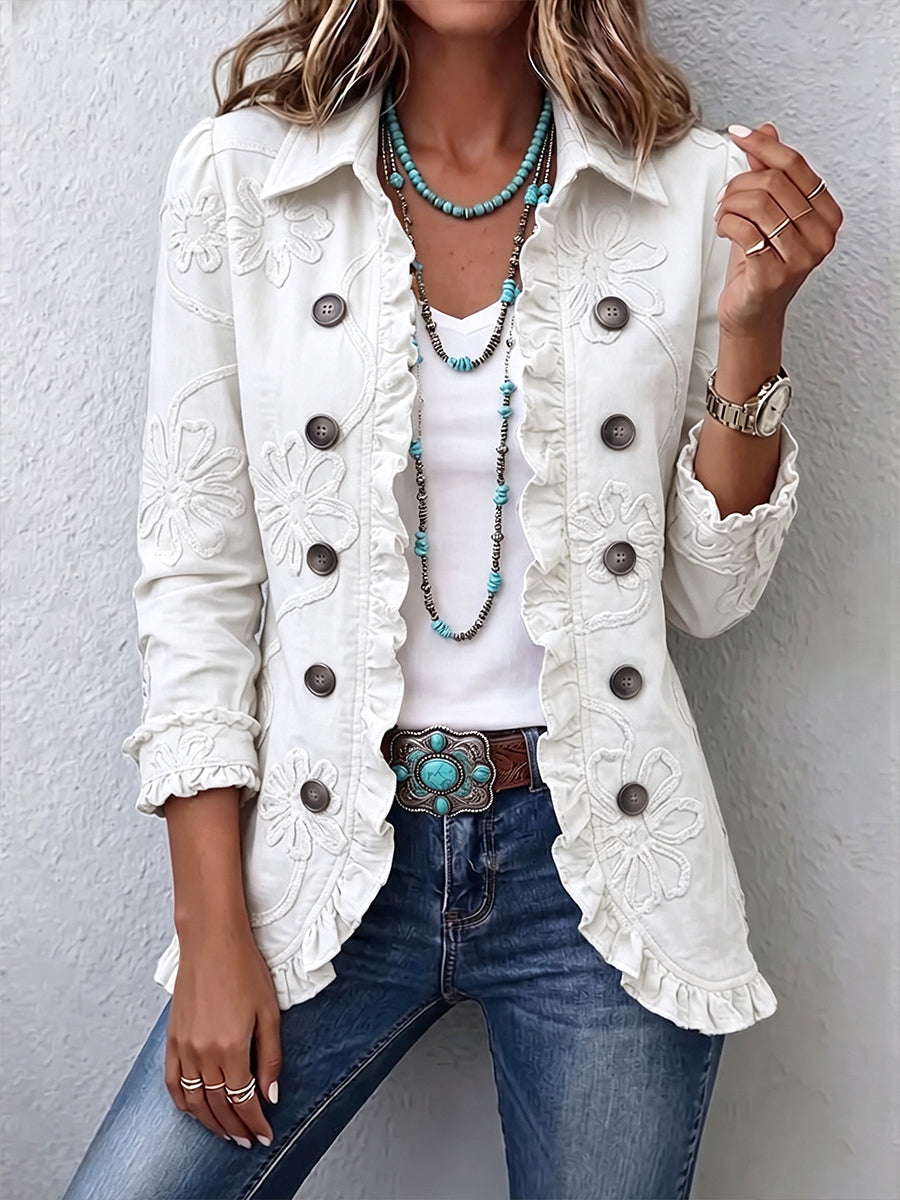 Camilla | Giacca boho-chic color avorio con ricamo floreale e bordo di volant
