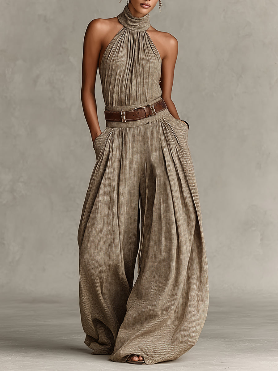 Catalina | Tuta wide leg taupe con scollo halter in stile boho
