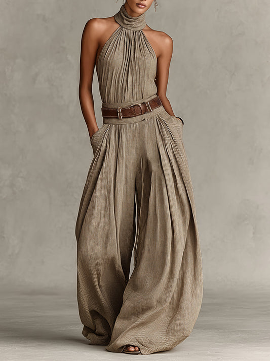 Catalina | Tuta wide leg taupe con scollo halter in stile boho