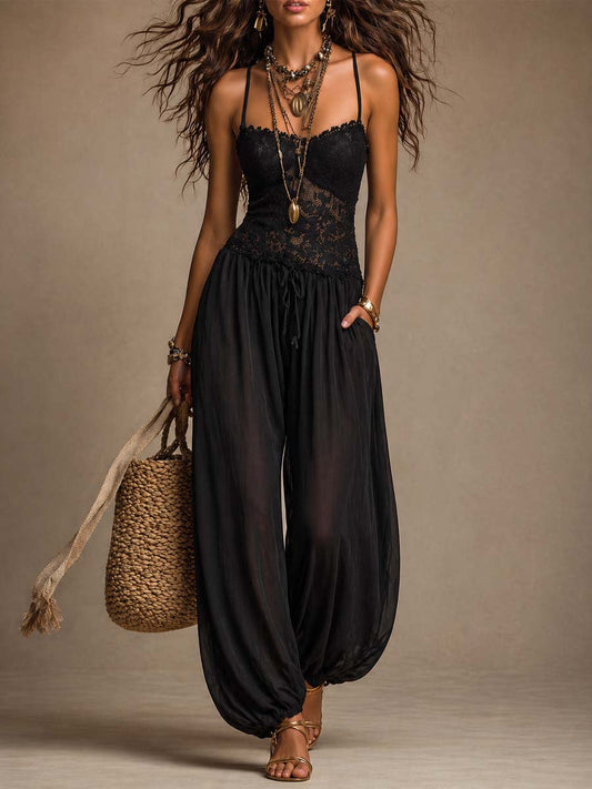 Tuta in Pizzo Nero e Chiffon con Spalline Sottili