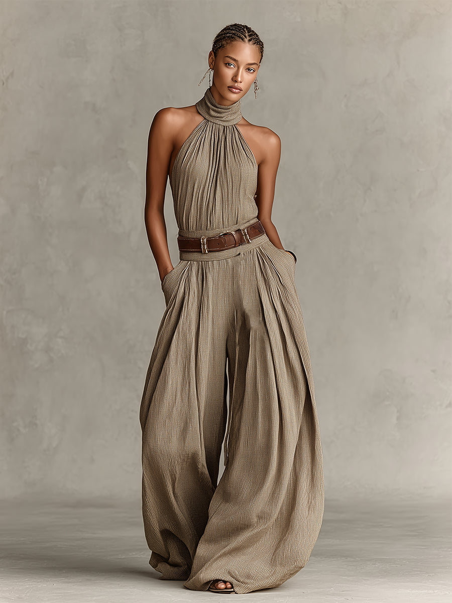Catalina | Tuta wide leg taupe con scollo halter in stile boho