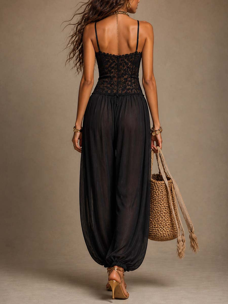 Tuta in Pizzo Nero e Chiffon con Spalline Sottili