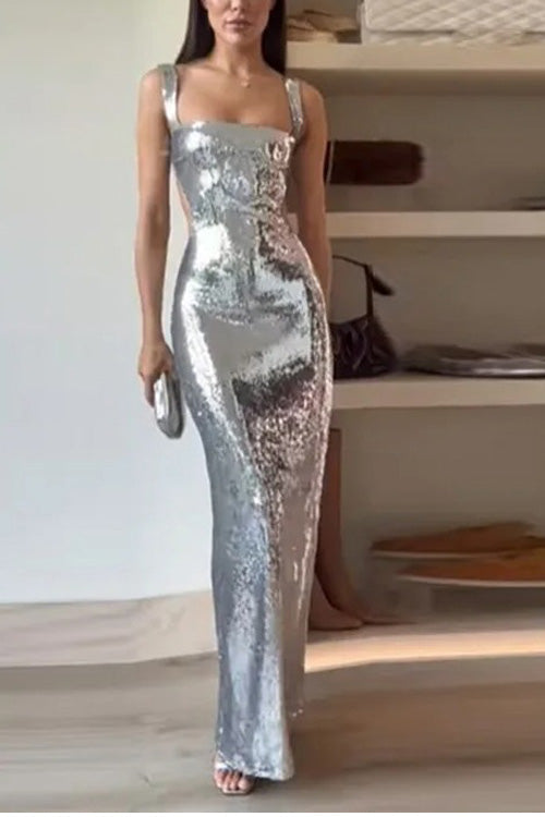 Abito lungo con spalline e paillettes
