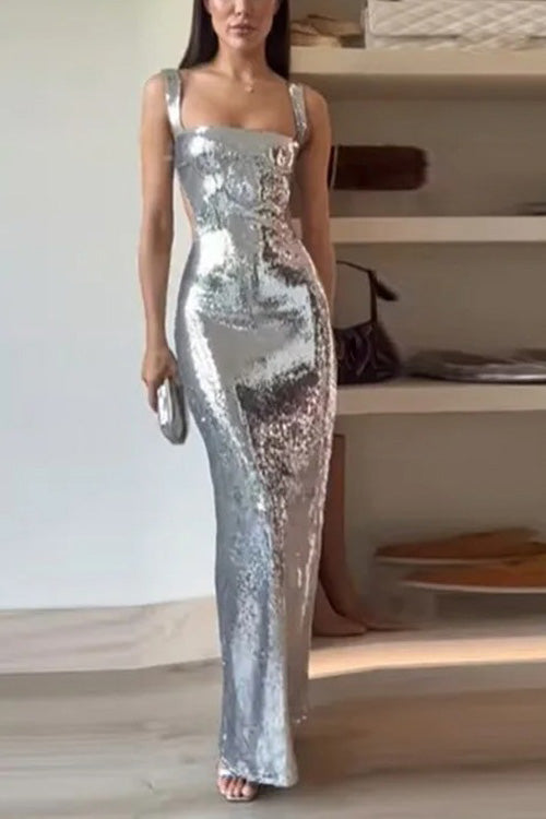 Abito lungo con spalline e paillettes