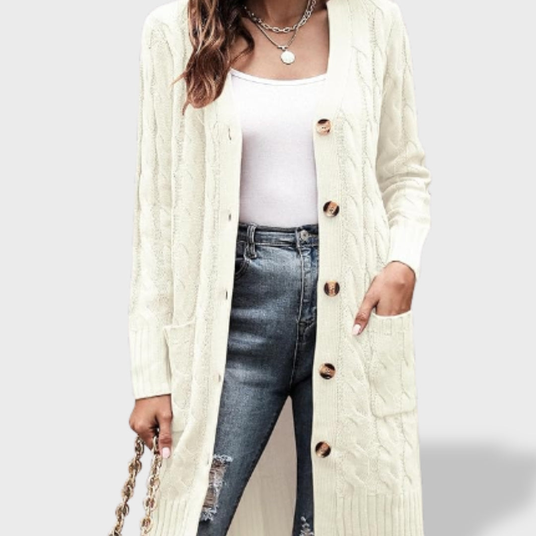 Clara Cardigan Lungo in Maglia Donna con Bottoni e Tasche