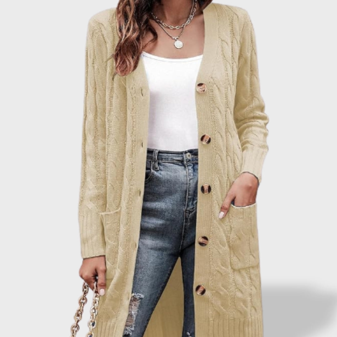 Clara Cardigan Lungo in Maglia Donna con Bottoni e Tasche