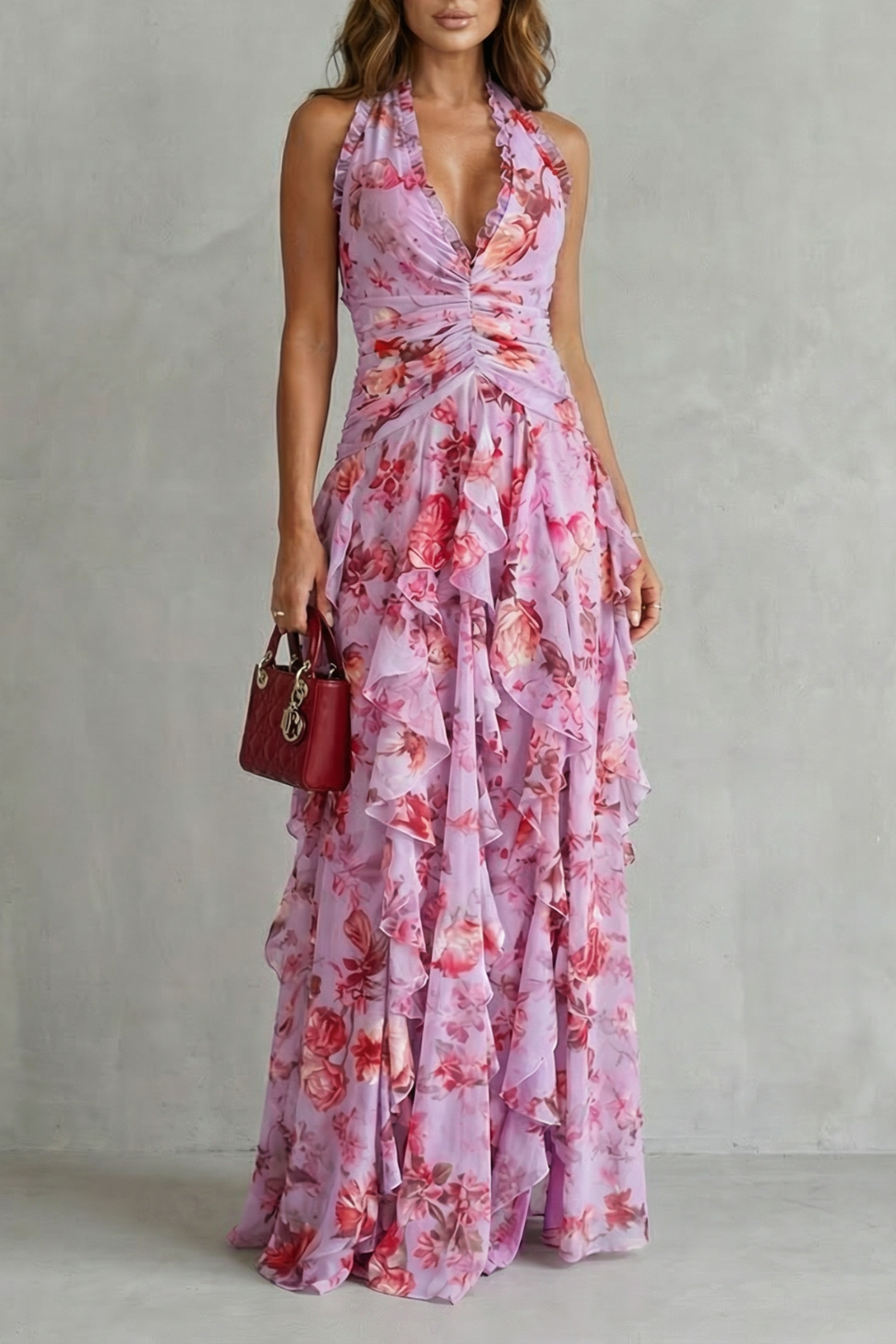 Belladina | Romantica cascata di rose - Abito lungo con collo halter
