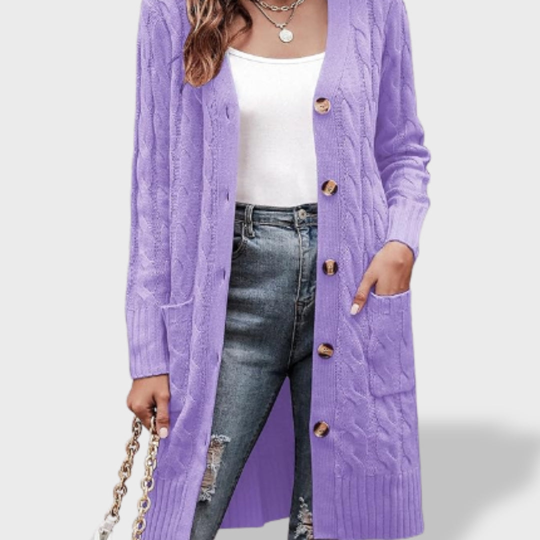 Clara Cardigan Lungo in Maglia Donna con Bottoni e Tasche