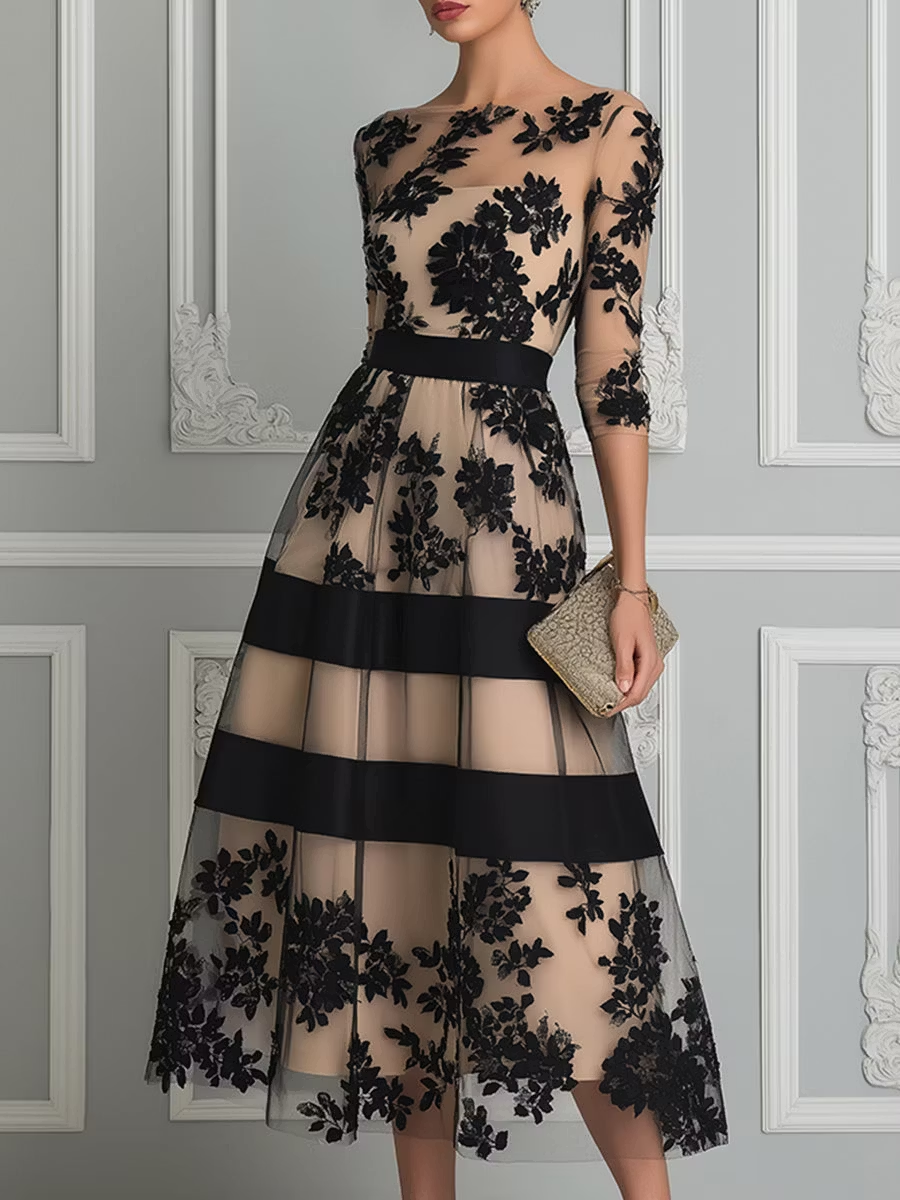 Abito midi elegante a corte ad A, in pizzo nero