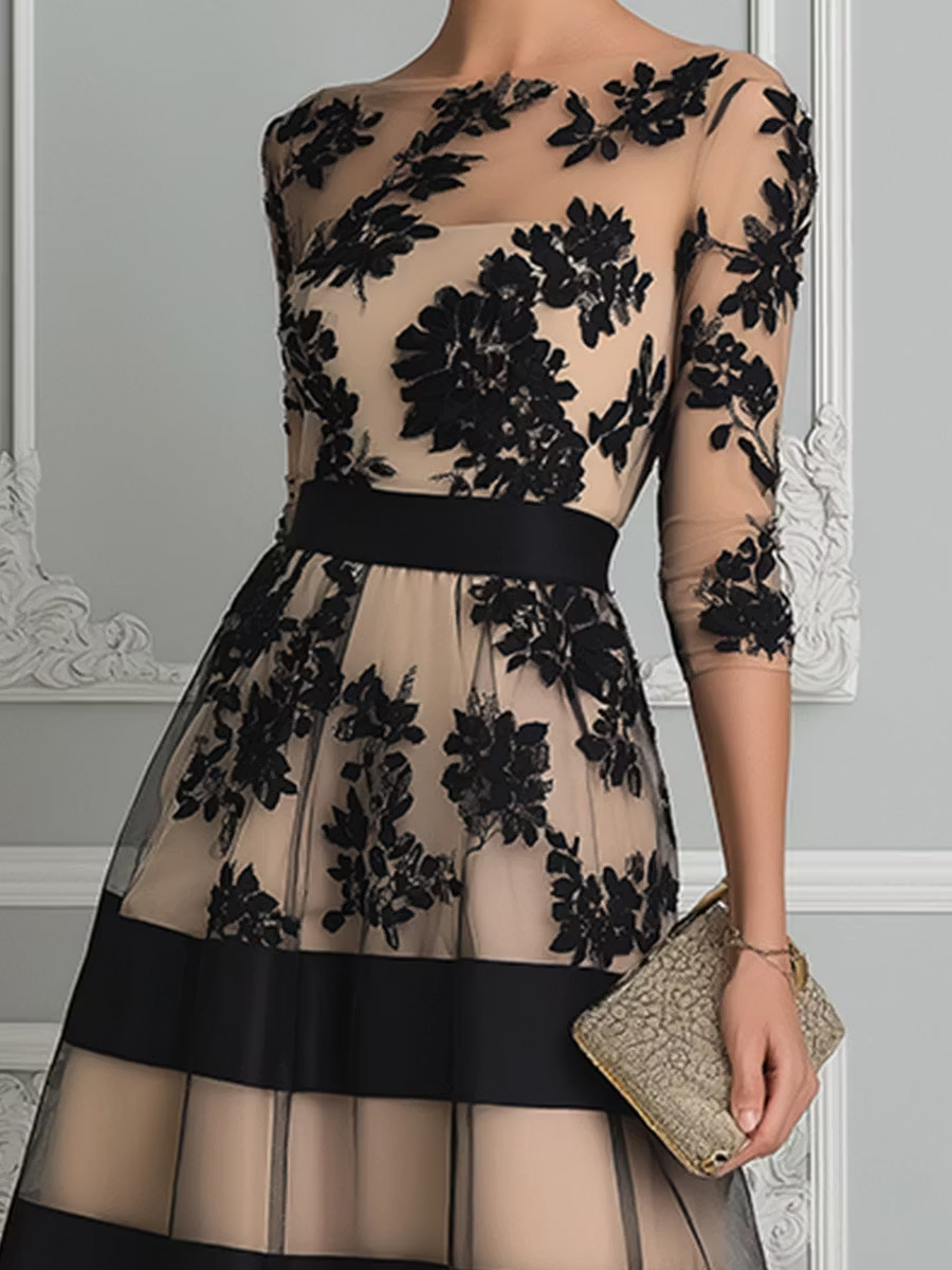 Abito midi elegante a corte ad A, in pizzo nero