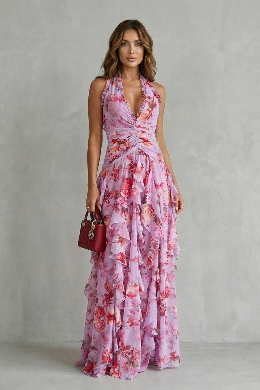 Belladina | Romantica cascata di rose - Abito lungo con collo halter
