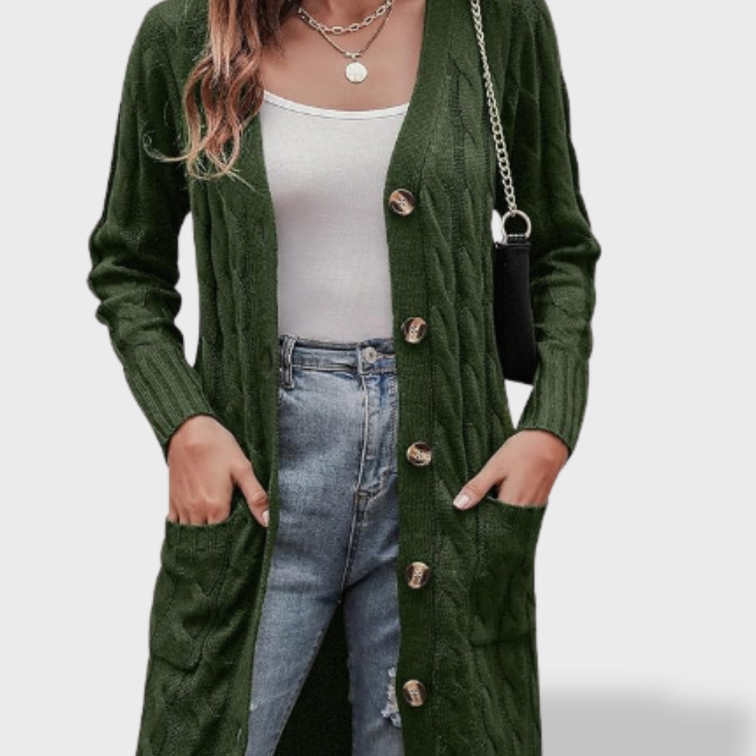 Clara Cardigan Lungo in Maglia Donna con Bottoni e Tasche