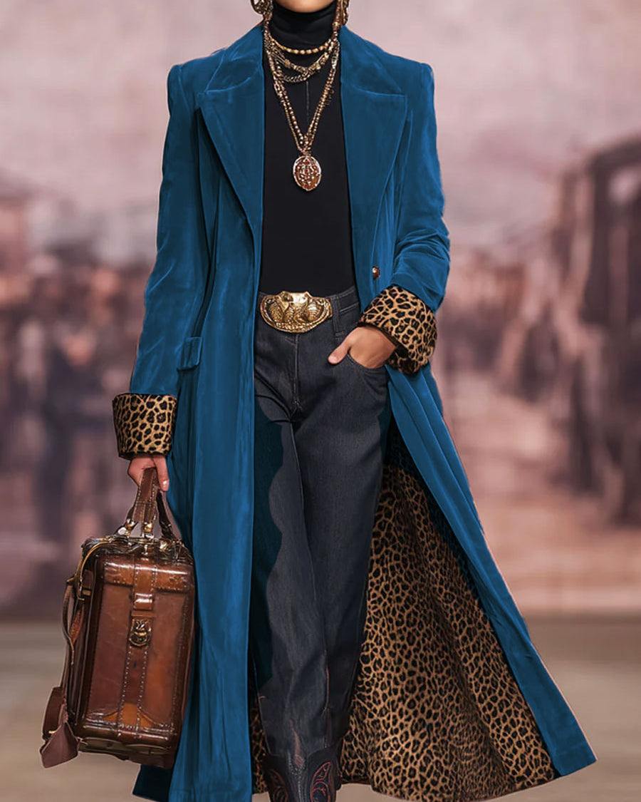 REAL | Cappotto Lungo in Velluto con Interno Leopardato