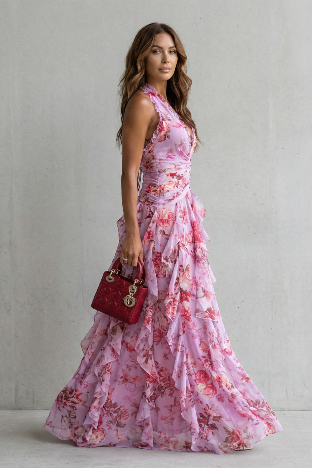 Belladina | Romantica cascata di rose - Abito lungo con collo halter