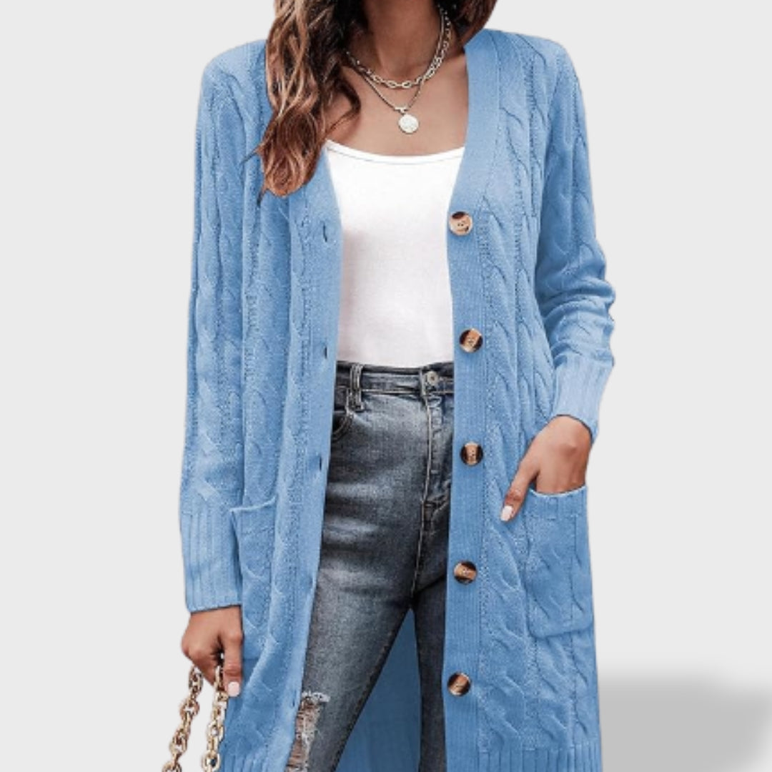 Clara Cardigan Lungo in Maglia Donna con Bottoni e Tasche