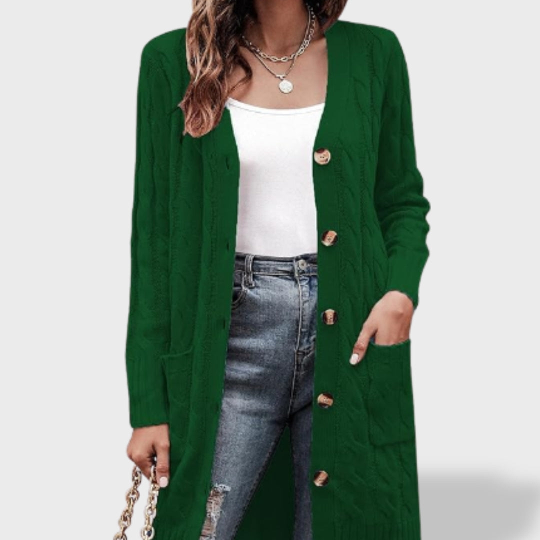 Clara Cardigan Lungo in Maglia Donna con Bottoni e Tasche