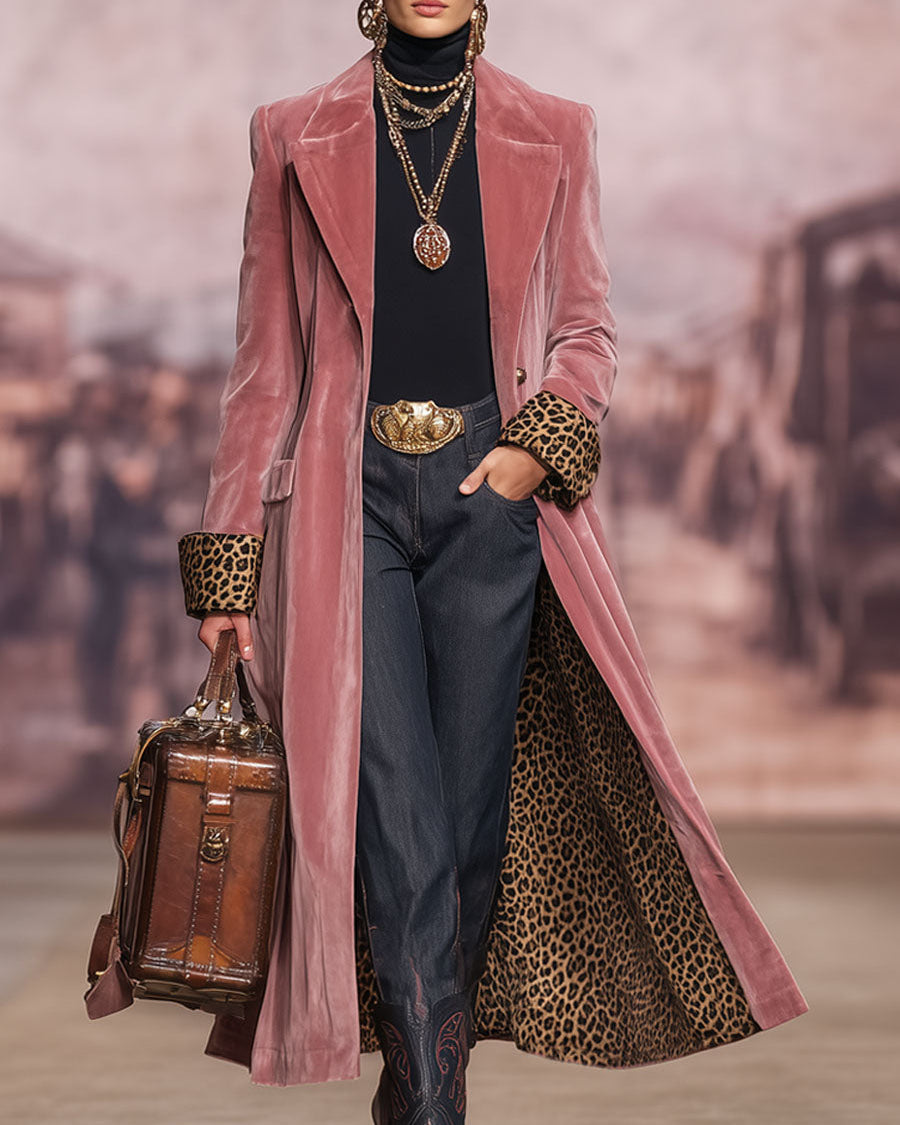 REAL | Cappotto Lungo in Velluto con Interno Leopardato