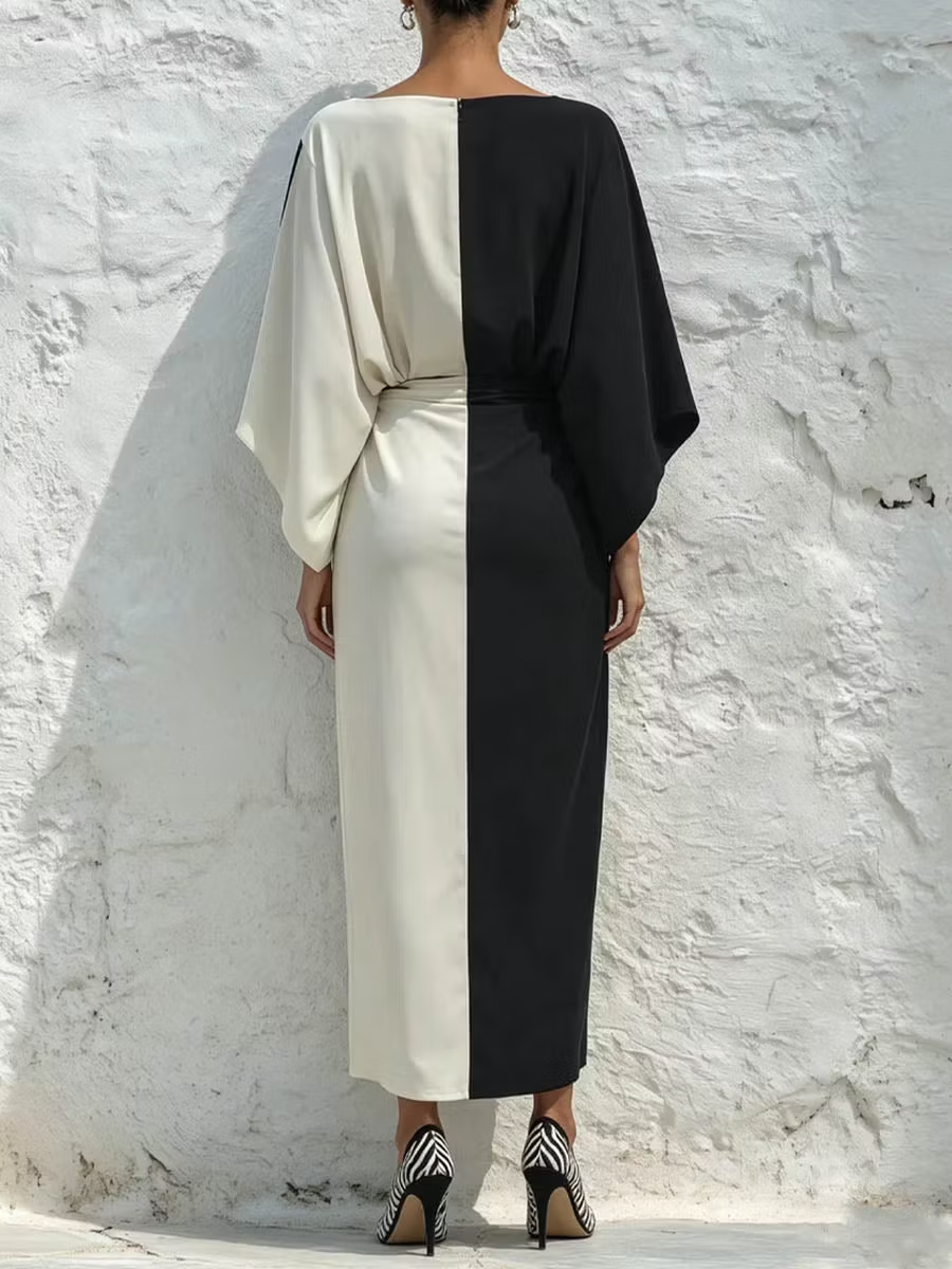 Completo due pezzi composto da un top e una gonna midi con contrasto di colori bianco e nero
