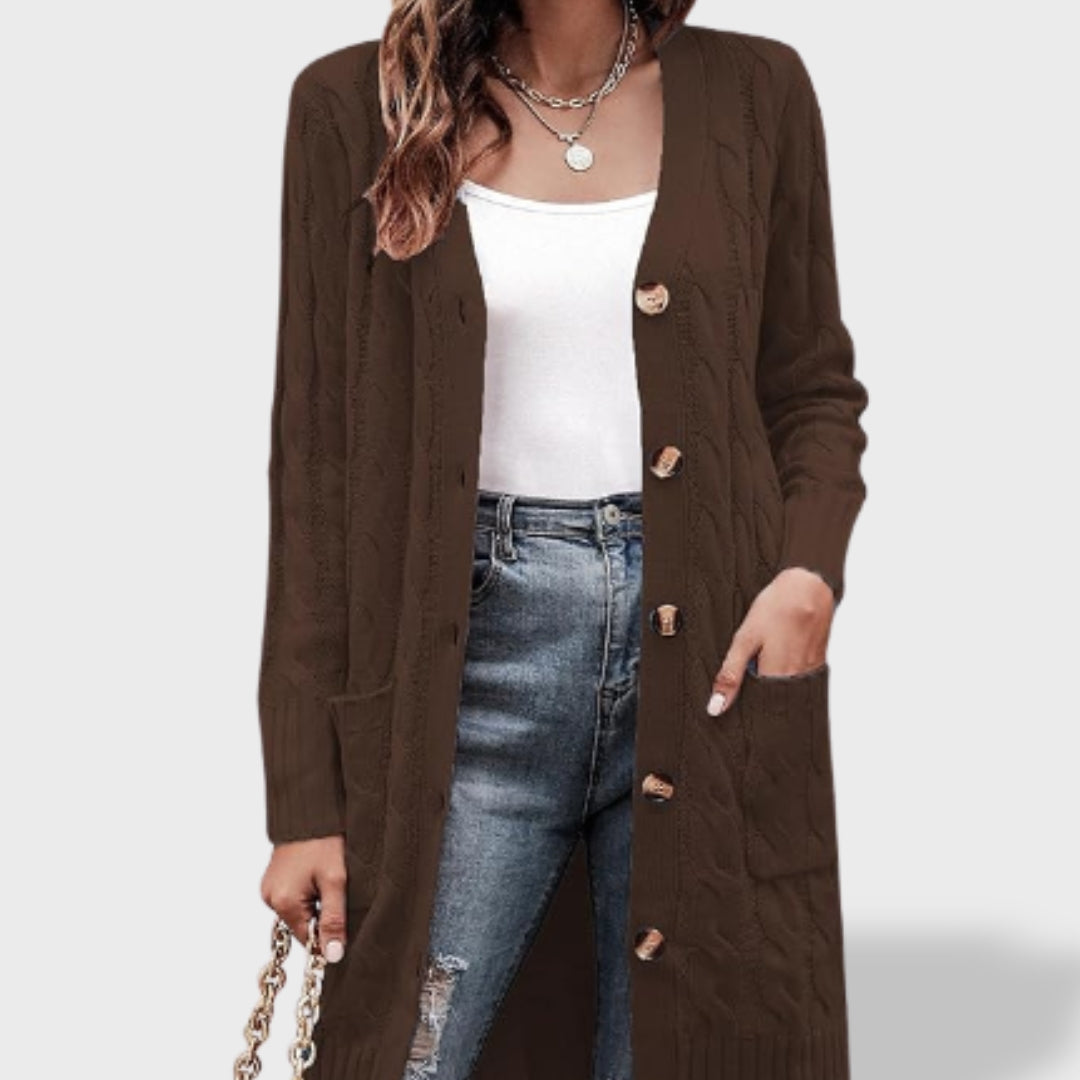 Clara Cardigan Lungo in Maglia Donna con Bottoni e Tasche