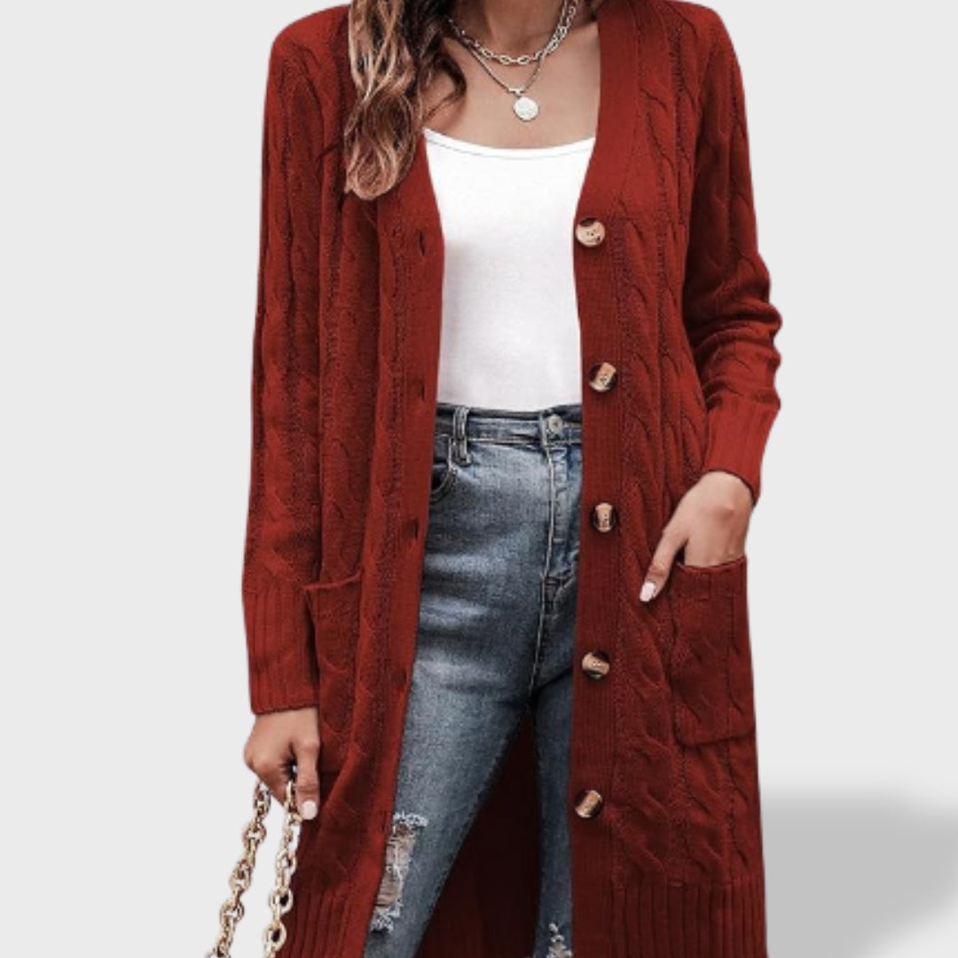 Clara Cardigan Lungo in Maglia Donna con Bottoni e Tasche
