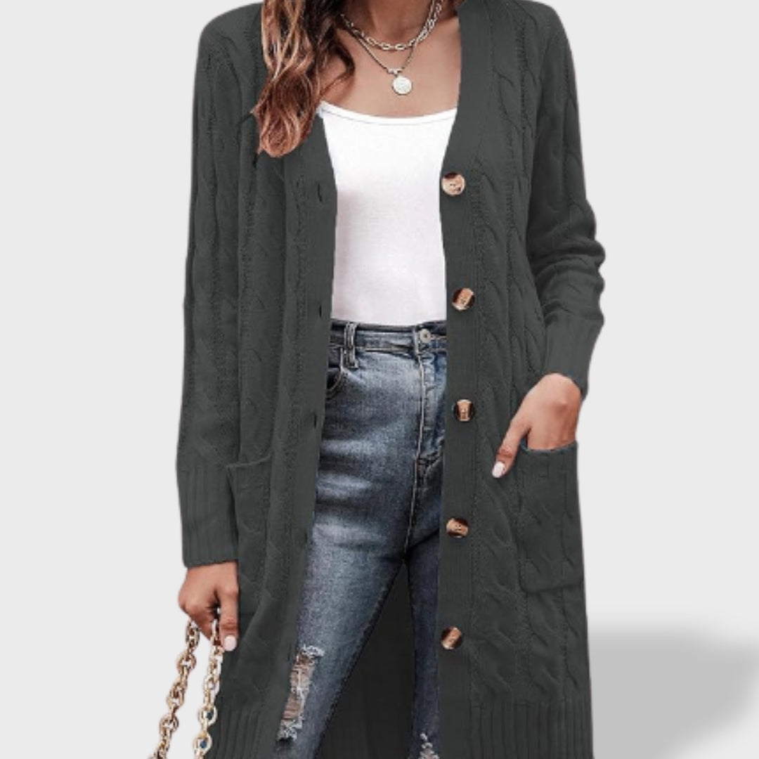 Clara Cardigan Lungo in Maglia Donna con Bottoni e Tasche
