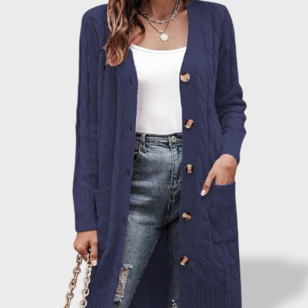 Clara Cardigan Lungo in Maglia Donna con Bottoni e Tasche