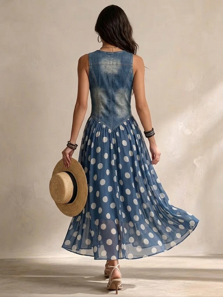 Adelina | Abito lungo denim a pois