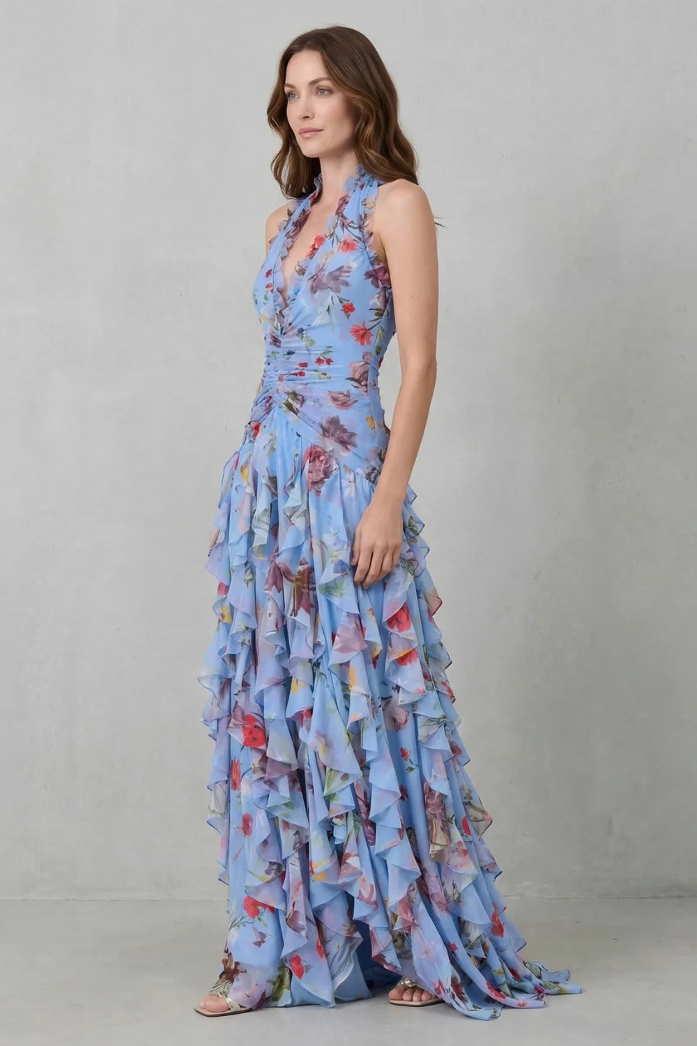 Belladina | Romantica cascata di rose - Abito lungo con collo halter