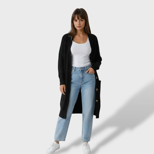 Clara Cardigan Lungo in Maglia Donna con Bottoni e Tasche