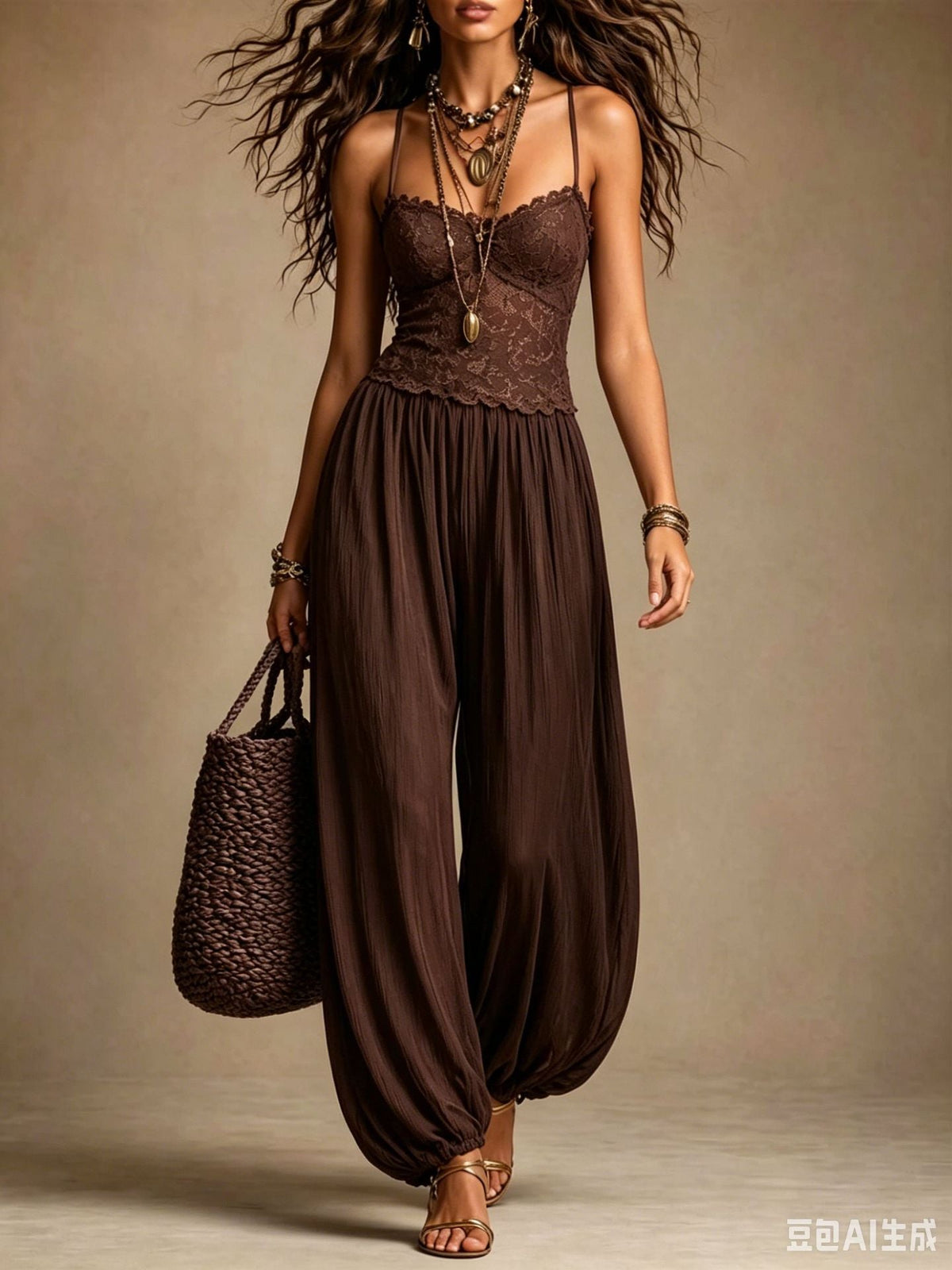 Tuta in Pizzo Nero e Chiffon con Spalline Sottili