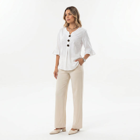 Blusa Sofia in cotone-lino liscio con bottoni effetto legno e volant