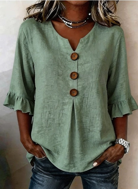 Blusa Sofia in cotone-lino liscio con bottoni effetto legno e volant