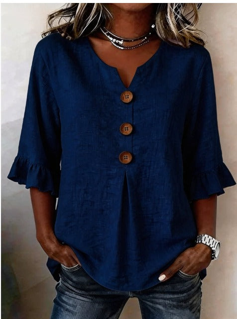 Blusa Sofia in cotone-lino liscio con bottoni effetto legno e volant