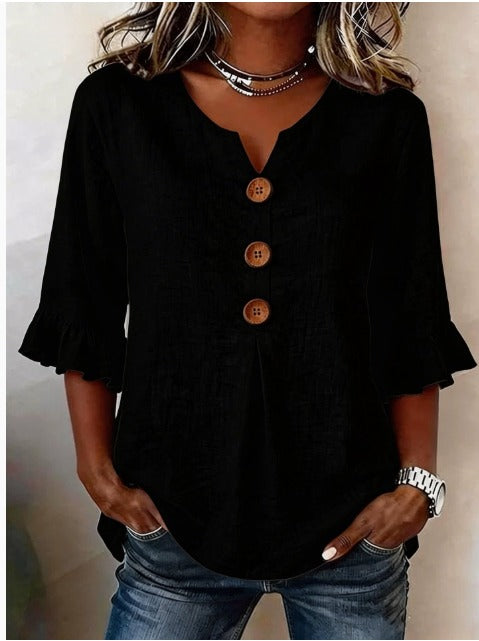Blusa Sofia in cotone-lino liscio con bottoni effetto legno e volant