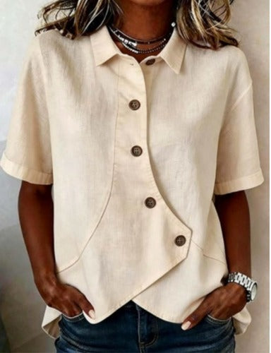 Giulia - Blusa Asimmetrica in Cotone-Lino con Bottoni