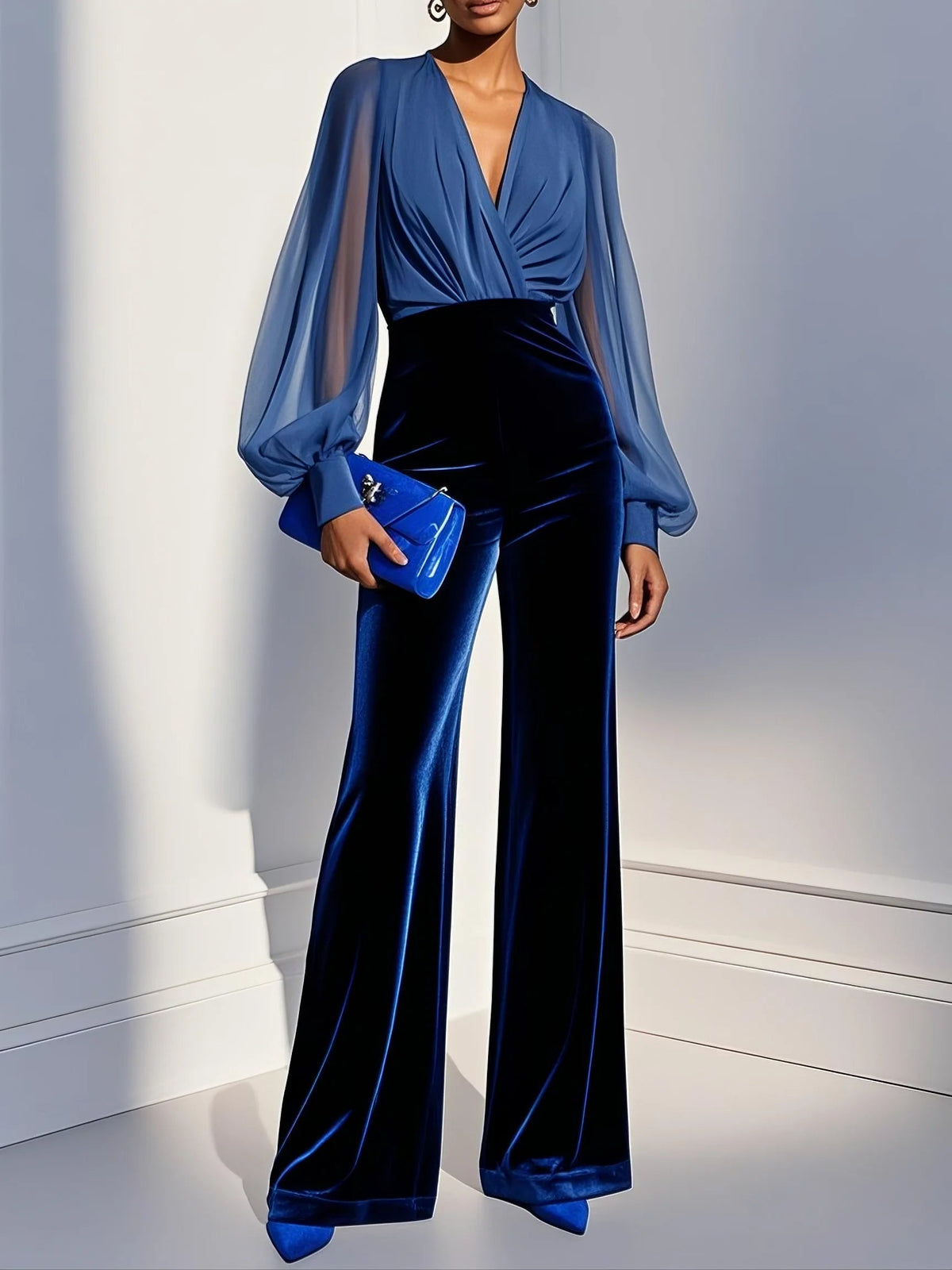 ZAIRA™║Tuta Lunga in Velluto con Scollo a V e Maniche Lunghe in Rete Blu