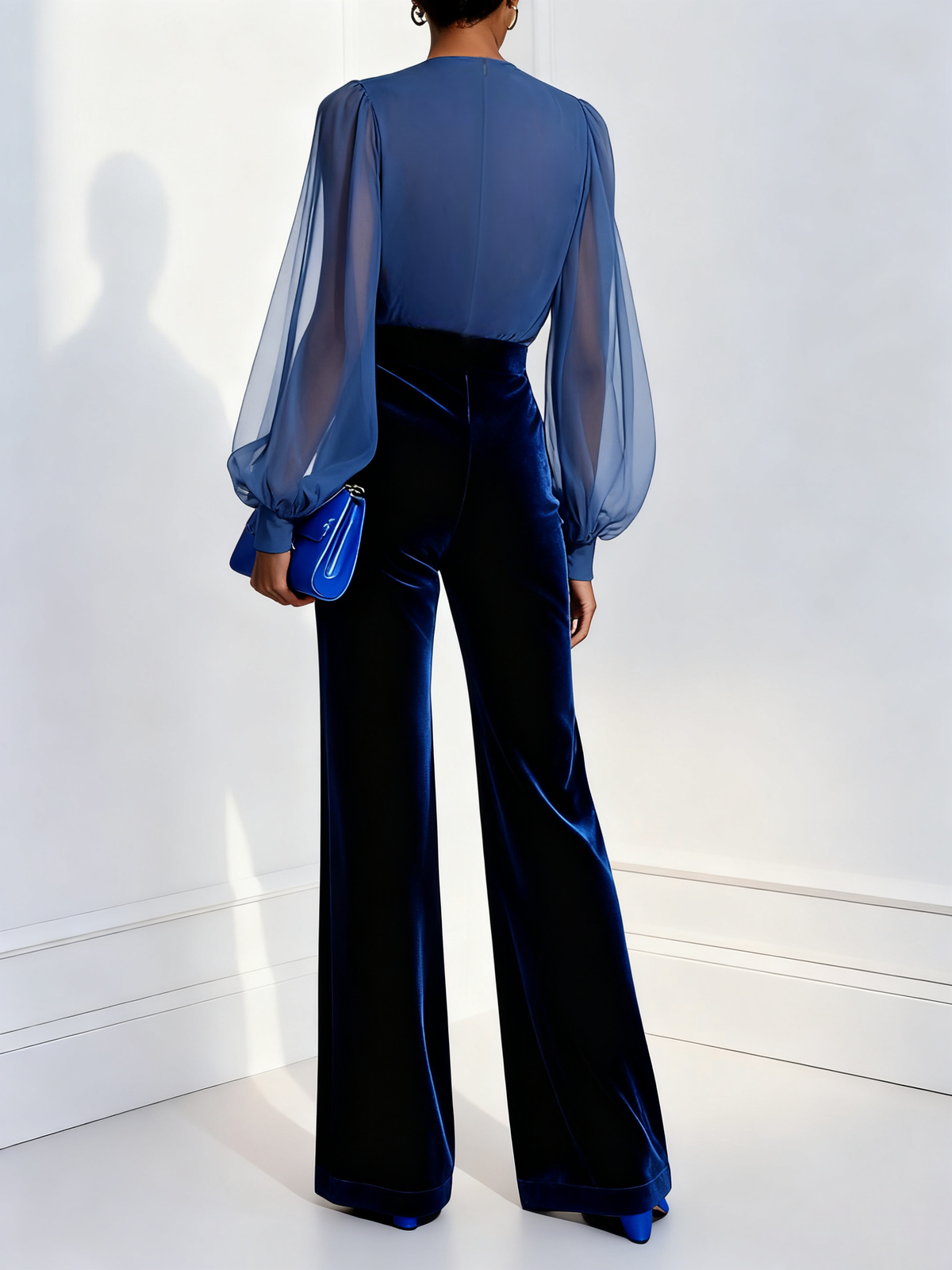 ZAIRA™║Tuta Lunga in Velluto con Scollo a V e Maniche Lunghe in Rete Blu