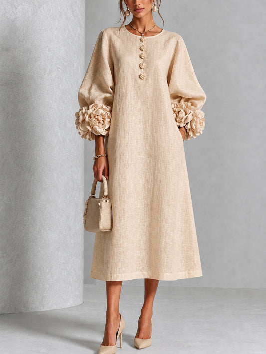Abito midi beige con stampa floreale, bottoni e maniche con motivi floreali stravaganti