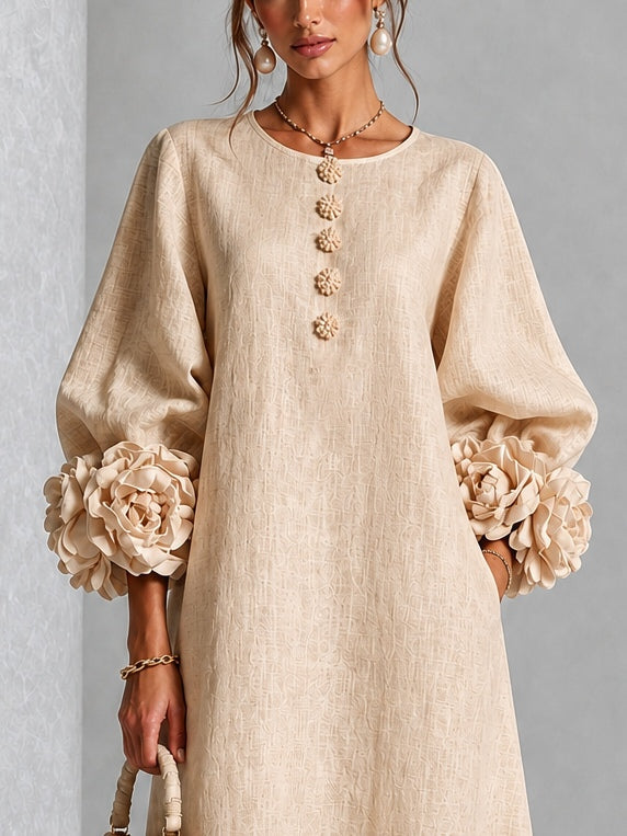Abito midi beige con stampa floreale, bottoni e maniche con motivi floreali stravaganti