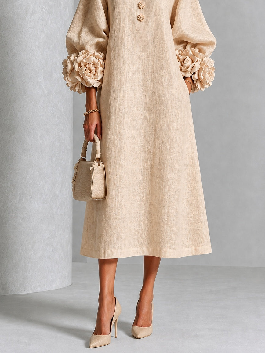 Abito midi beige con stampa floreale, bottoni e maniche con motivi floreali stravaganti
