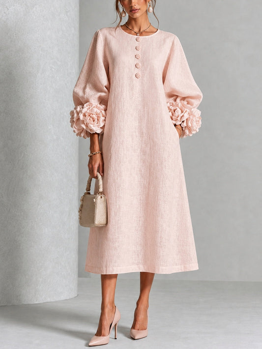 Abito midi rosa con bottoni a motivi floreali e maniche con motivi floreali stravaganti