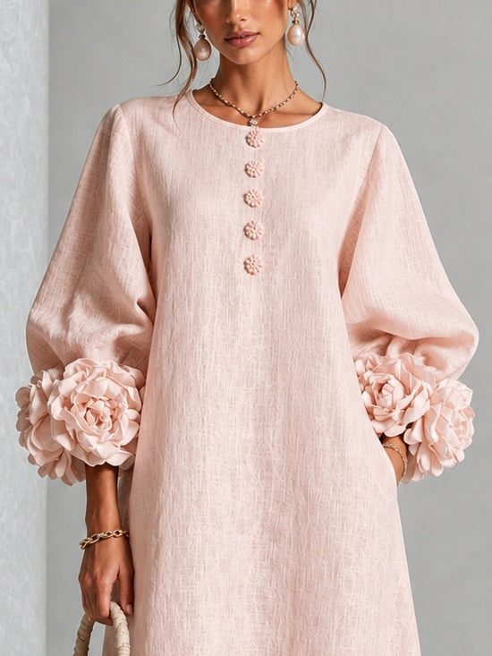 Abito midi rosa con bottoni a motivi floreali e maniche con motivi floreali stravaganti