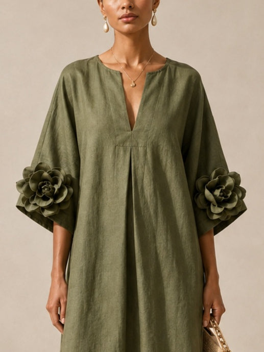 Abito midi verde oliva con scollo a V e maniche con stampa floreale stravagante